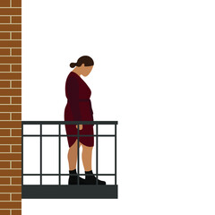 Fat female character with lowered head stands on a balcony on a white background
