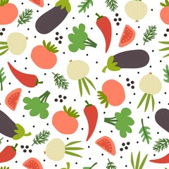 Seamless pattern with cartoon vegetables, decor elements on a neutral background. colorful vector. hand drawing, flat style. design for fabric, print, textile, wrapper