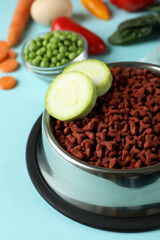 Concept of organic pet food on blue background