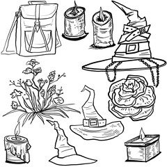 Obraz premium witch set line art drawing skull, hat, rose, eye. bag, candles. Design for halloween pattern elements engraving style, black and white graphics mystical theme