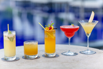 Cocktails on a bar top in a restaurant close up no people