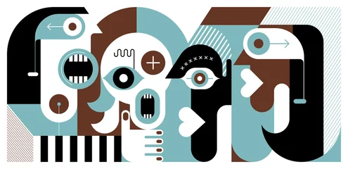 Photo sur Plexiglas Art abstrait Couleurs bleues, brunes et noires isolées sur fond blanc Réunion de quatre personnes illustration vectorielle.