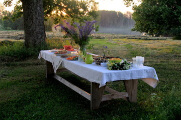 Midsummer food table.Table filled with drinks and food outside in the garden under the trees. on...