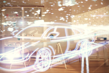 Multi exposure of auto pilot theme drawings and office interior background. Ai concept.