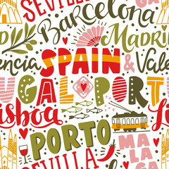 Around the World. SPAIN and PORTUGAL vector lettering seamless pattern. Country and major cities. Vector illustration