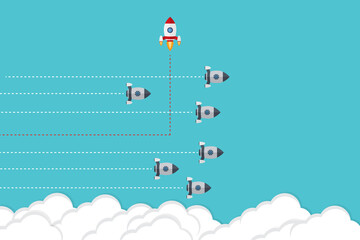 Different Approach - Different Direction. Group of rockets flying in one direction and with one individual flying in the different way, can be used leadership/individuality concepts.	