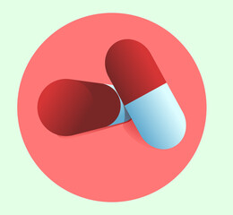 Pills in the illustration. Medicines and pills on a pink background in a circle. Medical pills, a symbol of pills.