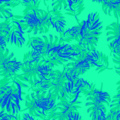 Tropical blue seamless watercolour monstera pattern. Hand painted watercolor illustration monster. Tropical seamless botanical watercolor exotic floral pattern. Palm leaves. Indigo rainforest leaf.