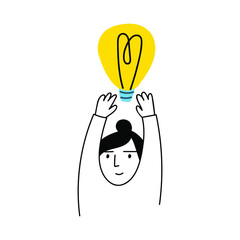 Girl raise hands to light bulb. Illustration on white background. 