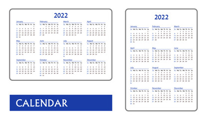 Horizontal and vertical blue pocket calendar on 2022 year.
