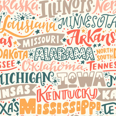 Around the World. AMERICAN CENTRAL STATES vector lettering seamless pattern. Country and major cities. Vector illustration