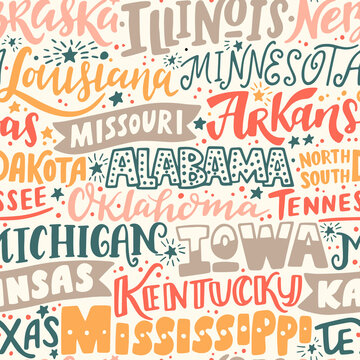 Around the World. AMERICAN CENTRAL STATES vector lettering seamless pattern. Country and major cities. Vector illustration