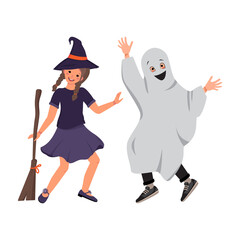 A girl in a witch costume in a hat and a broom and a boy in ghost clothes from a sheet with a smile and eyes on the Halloween holiday. Child in a fancy dress. Kids dancing in a carnival manner