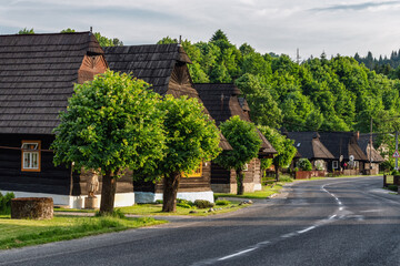 Fototapeta na wymiar Wooden rural cottages in village Podbiel, Slovakia