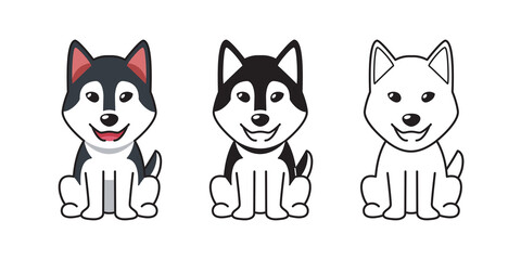 Vector cartoon set of siberian husky dog for design.
