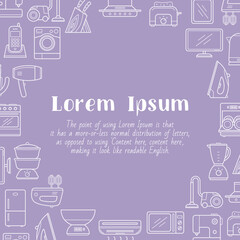 Home machines - card with text and vector outline illustrations of refrigerator, vacuum, microwave, blender, oven, kettle and other appliances for graphic design