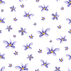 Seamless Floral Pattern with Purple Flowers on White Background. Watercolor Illustration with Viola flower, Pansies for Wallpaper, Textile, Wrapping Paper.