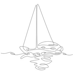 One continuous line.The sailing ship sails in the waters of the sea. Sea transport takes tourists on a journey. One continuous drawing line logo isolated minimal illustration.