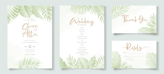 Fototapeta na wymiar Summer wedding card design with tropical leaf ornament