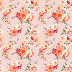 Floral seamless pattern. Peony flowers, iris, greenery watercolor texture. Blush wallpaper design, fabric or wrapping paper print