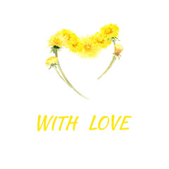 Watercolor flower bouquet of yellow dandelion flowers in the shape of a heart and the inscription 
