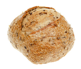 Wheat round bread with sprouted grains and sunflower seeds isolated on a white background