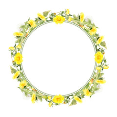 Watercolor flower frame, a wreath of yellow dandelion flowers