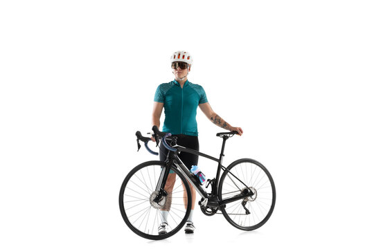 Young Professional Female Bike Rider On Road Bike Isolated Over White Background.