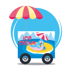 Mobil ice cream cart under umbrella with cute seal character lying on the beach eating sundae. Summer frozen snack, vehicle, delivery, fust food. Vector illustration, isolated, icon, simbol, logo