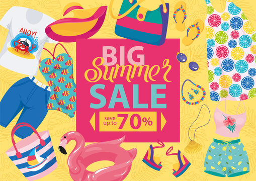 Summer sale banner with female clothes elements and beach accessories. Discount, offer, advertizing, promotion, fasion. Vector illustration, cartoon, flyer, coupon, vaucher