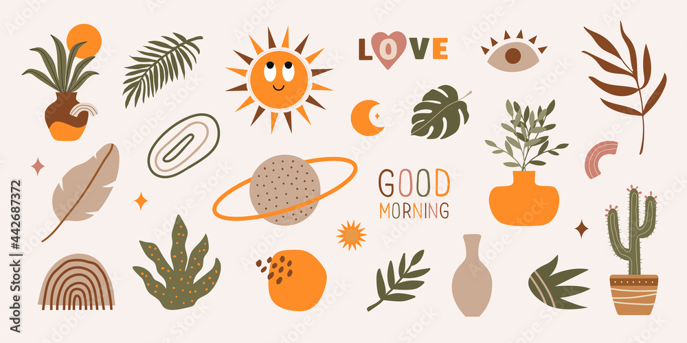 Poster modern set of hand drawn various shapes, phrases, plants, tropical elements and doodle objects. abst