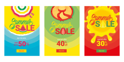 Set of summer sale stories template. Vacation, holidays, beach. Vector illustration, banner, flayer, background