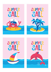 Set of summer sale tags with beach simbols: island, dolphing, yacht, crab. Creative concept. Vector illustration, flat, print, card, label, flyer, template