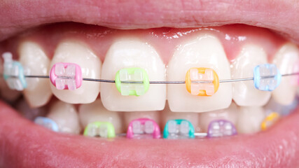 Close up of orthodontic braces with colorful rubber bands on teeth. Person demonstrating wired...