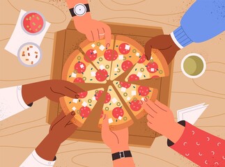 Top view of hands taking pizza slices from table at corporate party. Hungry friends eating Italian fast food together. Family holding pepperoni pieces. Colored flat vector illustration of fastfood