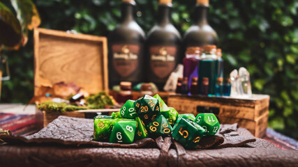 a pile of green RPG gaming dice