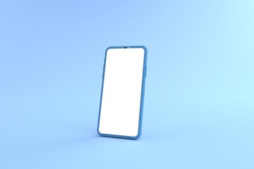 3D rendering of mockups blue Smartphone white screen on blue floor, Blue Mobile phone lay down on the ground. Smartphone white screen can be used for commercial advertising,Isolated on blue background