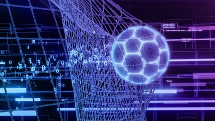 Goal Moment in Abstract Computer Game. Beautiful Styled Computer Graphics Football Ball Flying into Goal Net in Slow Motion. Digital Pattern 3d Animation Grid Mesh Look Cyber Sport Concept 4k UHD. - Powered by Adobe
