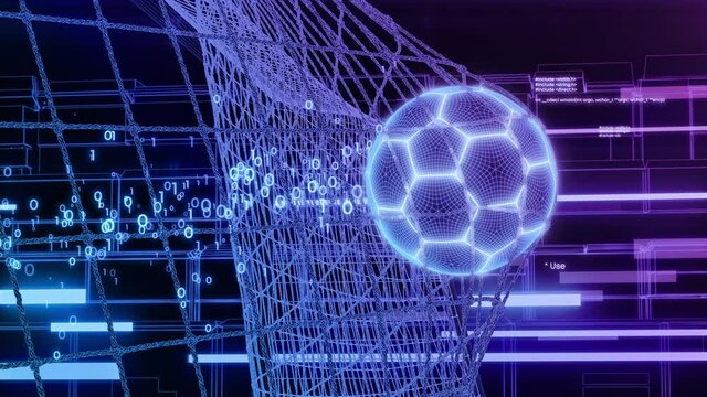 Goal Moment in Abstract Computer Game. Beautiful Styled Computer Graphics Football Ball Flying into Goal Net in Slow Motion. Digital Pattern 3d Animation Grid Mesh Look Cyber Sport Concept 4k UHD.