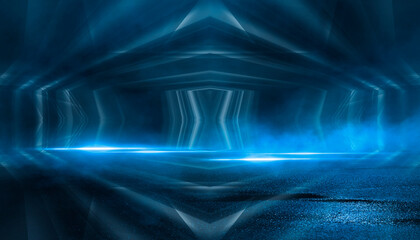 Abstract neon futuristic background. Distortion of light rays. Dark futuristic scene, smoke, smog, rays and lines. Illusion fantastic, neon background. Dark street scene with neon lights. 