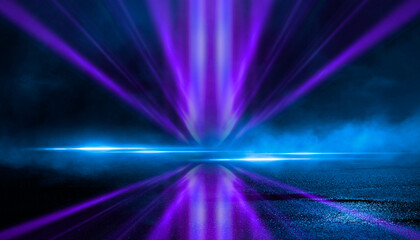 Abstract neon futuristic background. Distortion of light rays. Dark futuristic scene, smoke, smog, rays and lines. Illusion fantastic, neon background. Dark street scene with neon lights. 
