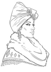 Colouring book page of black and white outline lady dressed in vintage clothing