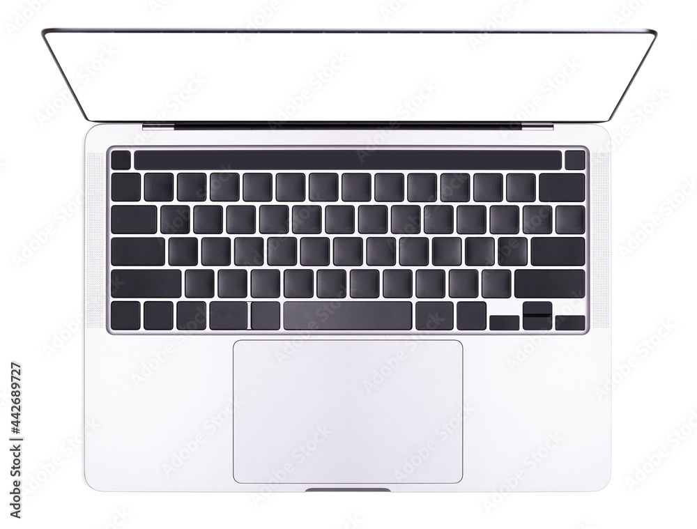 Wall mural top view laptop with blank white screen on white background.