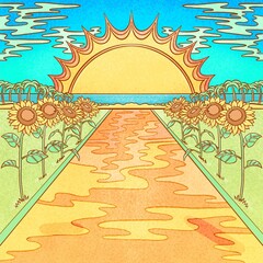 Zonnebloem zonnig strand landschap hand getekende psychedelische illustratie