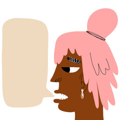 Young woman, teenager manifesting, African girl with pink hair speaking. Trendy hand-drawn character and speech bubble