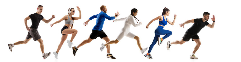 Speed and strength. Development of motions of young athletic fit men and women running isolated over white background. Flyer.
