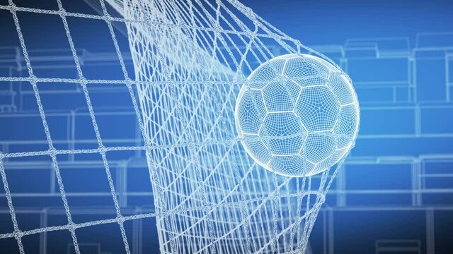 Soccer Ball Flying into Goal Net in Slow Motion Grid Mesh Abstract Football Beautiful 3d Animation. Blueprint Style of the Goal Moment Geometric Pattern. Sport Technology Concept 4k Ultra HD 3840x2160