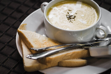 Cream of mushroom soup  with garlic bread