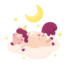 A cute unicorn is sleeping on a cloud. Print for children's clothing and goods, cute animals, children's illustration. Vector.