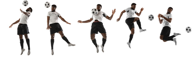 Young african football, soccer player isolated on white background. Concept of motion and action in...